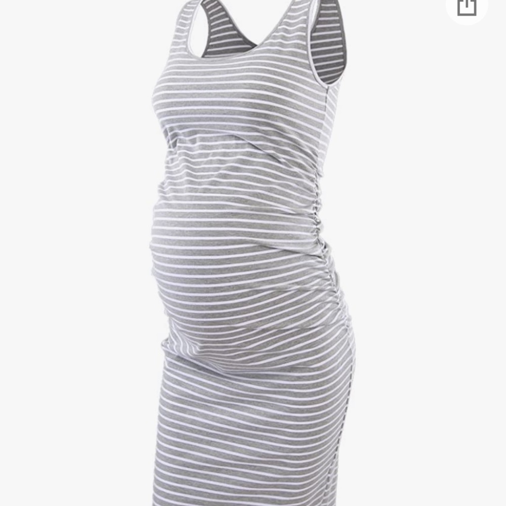 Gray and white stripe midi maternity dress